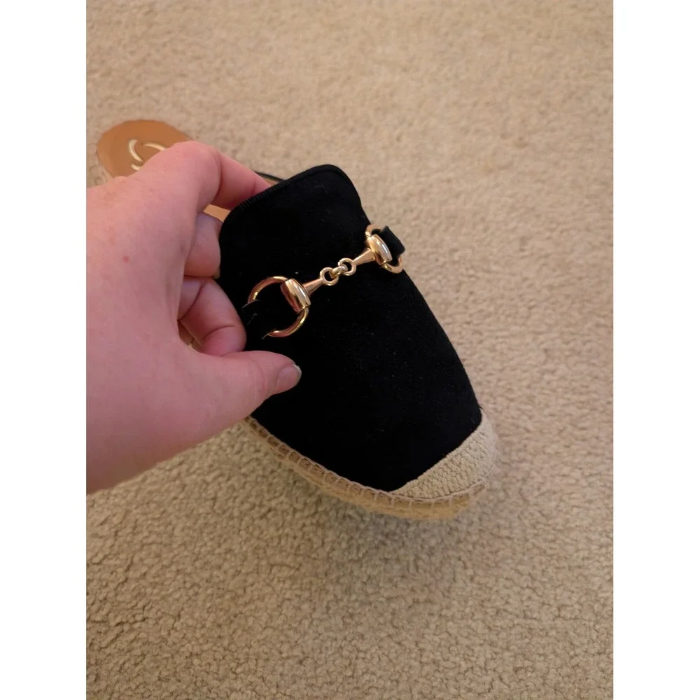 Kanna Women's Dora Black Suede Espadrille Mules‎ Horsebit Buckle- Size 7.5